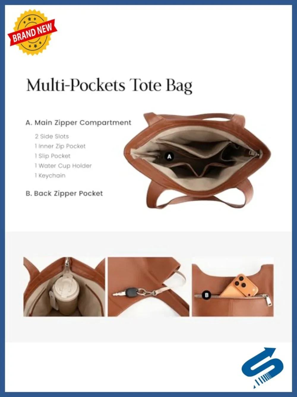 Genuine Leather Slouchy Tote Bag with Zipper, Laptop Pocket, Cup Holder, Travel